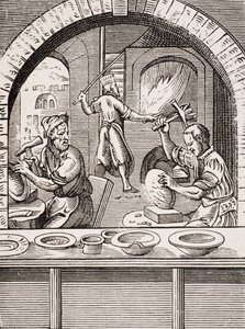洗面器、ポールラクロワ（1806-84）の「ルモヤンエイジエラルネサンス」からのヨーストアンマン（1539-91）の木版画の複製物
